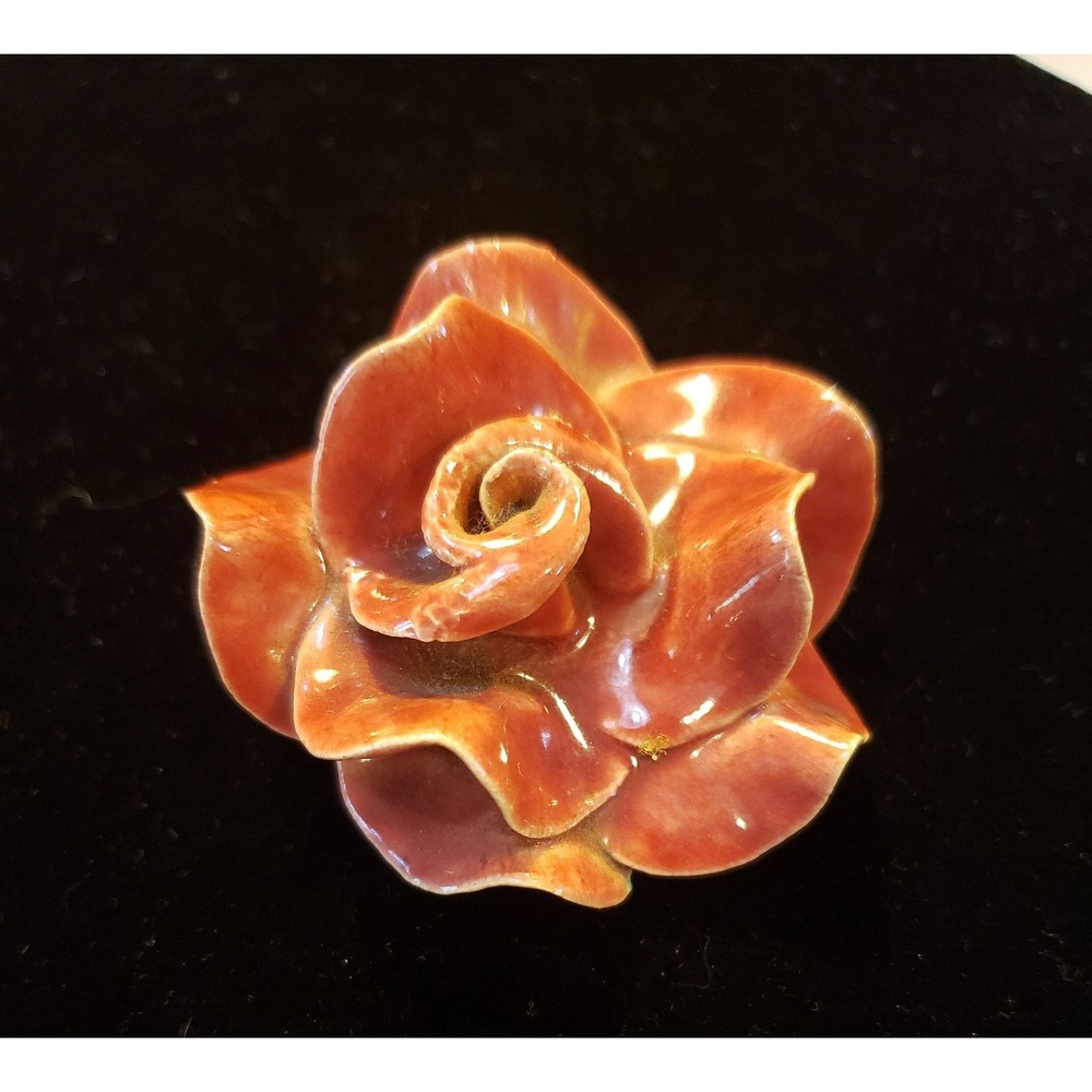 Vintage Unsigned Ceramic Rose Flower Brooch Pin Opening Petals Of Soft Red Rose